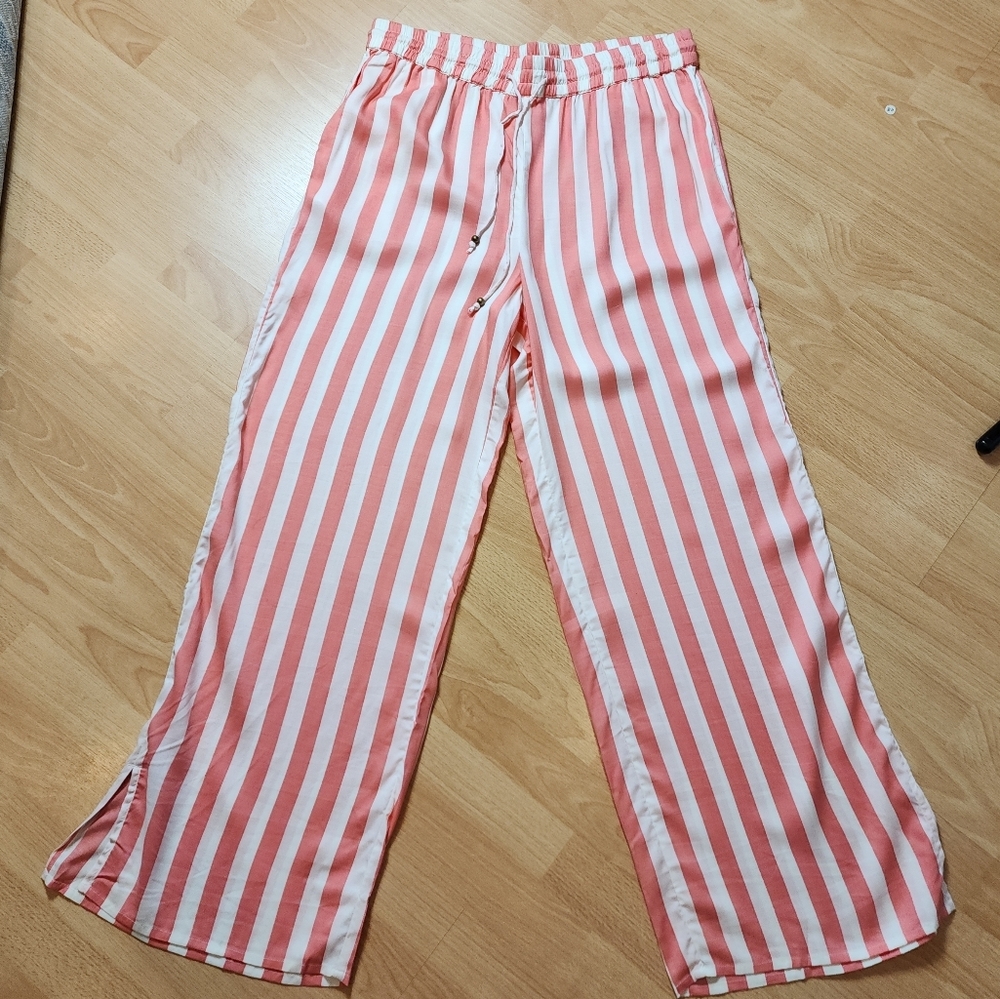 Candace Cameron Bure Modal Pink Blossom Stripe Wide Leg Pull On Pants Medium